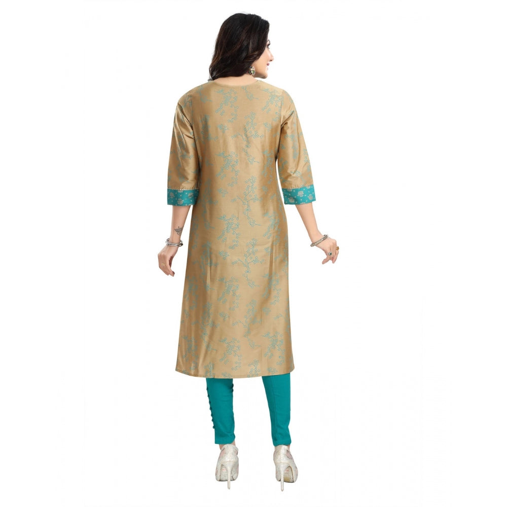 Generic Women's 3/4th Sleeve Silk Blend Tunic Long Kurti (Beige)