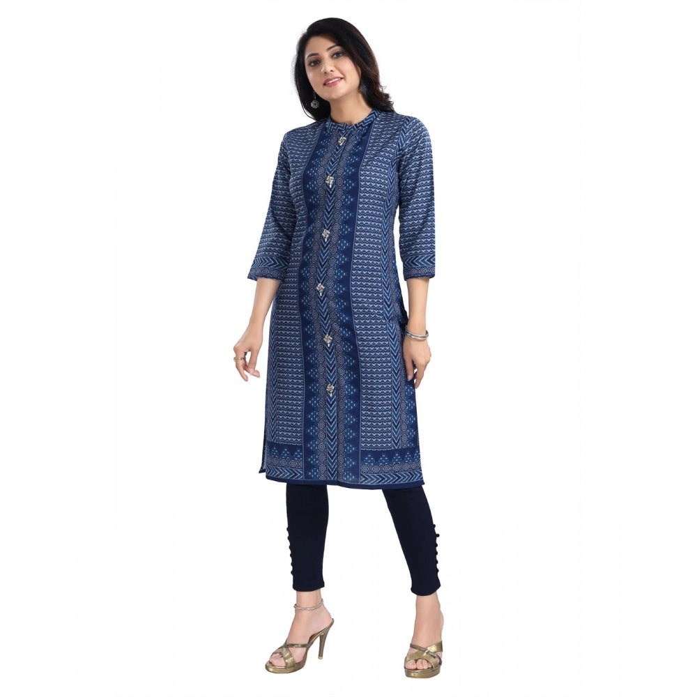 Generic Women's 3/4th Sleeve Cotton Blend Tunic Long Kurti (Blue)