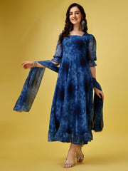 Bedrucktes Anarkali-Set aus Kurti und Dupatta mit Gürtel für Damen in Übergröße