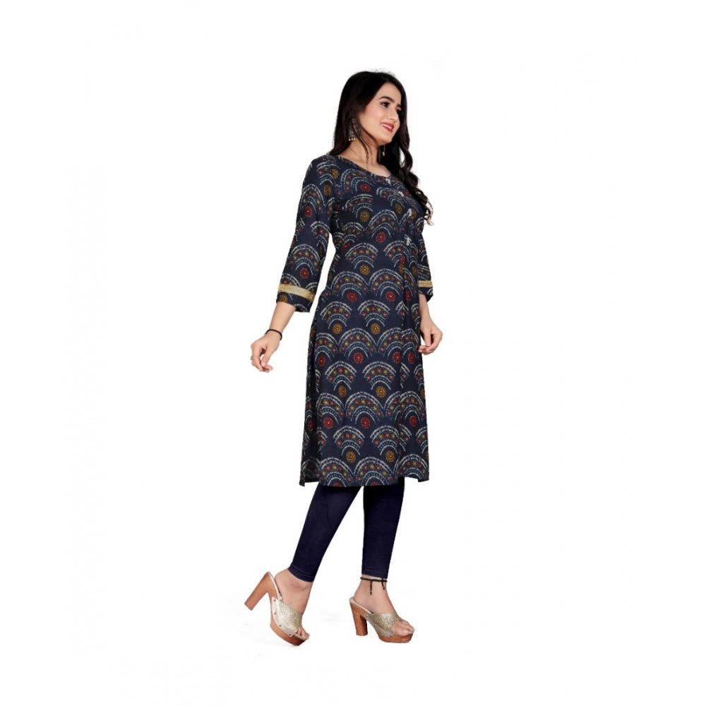 Generic Women's Rayon Foil Printed Straight Kurti (Navy Blue)