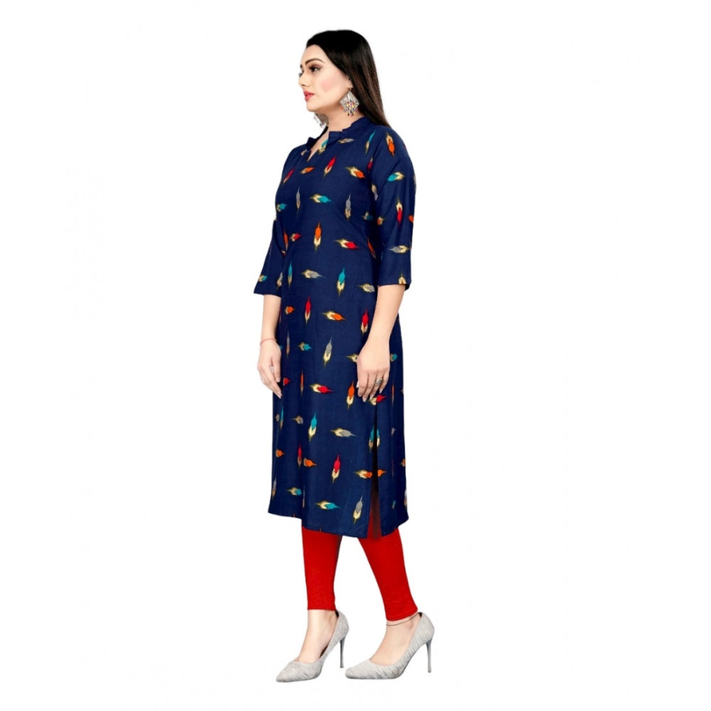 Generic Women's Rayon Foil Printed Straight Kurti (Navy Blue)