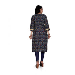 Generic Women's Rayon Foil Printed Straight Kurti (Navy Blue)