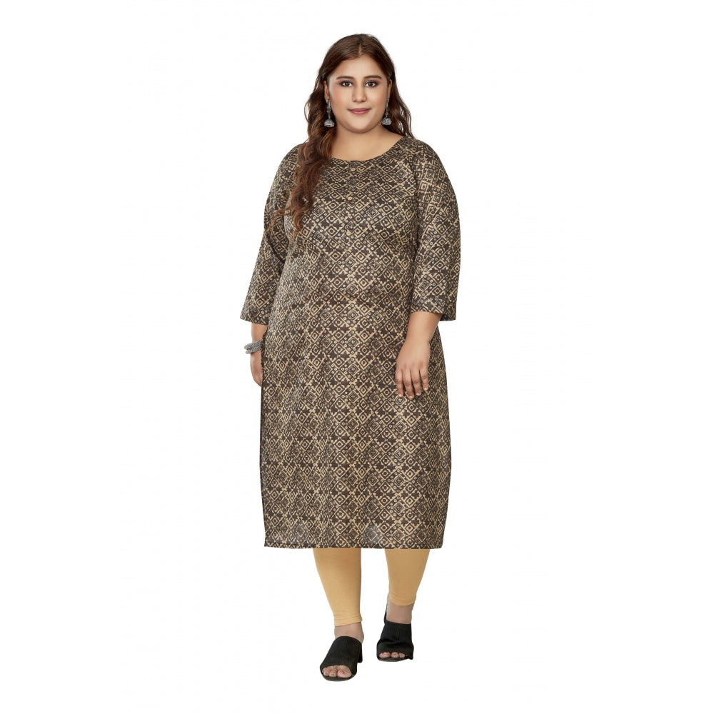 Generic Women's Casual 3/4th Sleeve Golden Foil Printed Capsule Cotton Straight Kurti (Brown)