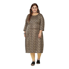 Generic Women's Casual 3/4th Sleeve Golden Foil Printed Capsule Cotton Straight Kurti (Brown)