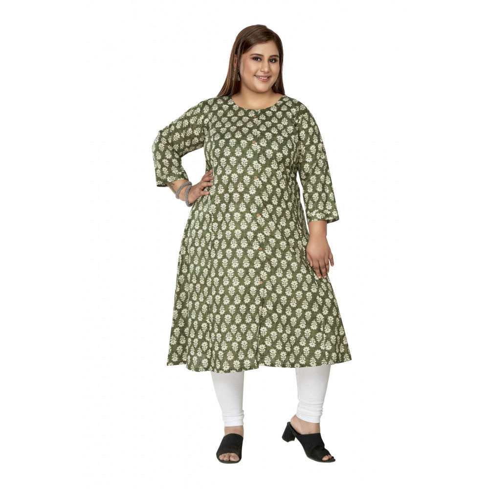 Generic Women's Casual 3/4th Sleeve Printed Pure Cotton Prince Cut A-Line Kurti (Green)