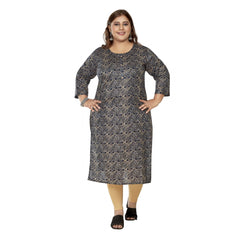 Generisches Damen-Kurti mit 3/4-Ärmeln und goldenem Foliendruck, gerade geschnittenes Kapsel-Baumwoll-Kurti (Marineblau)