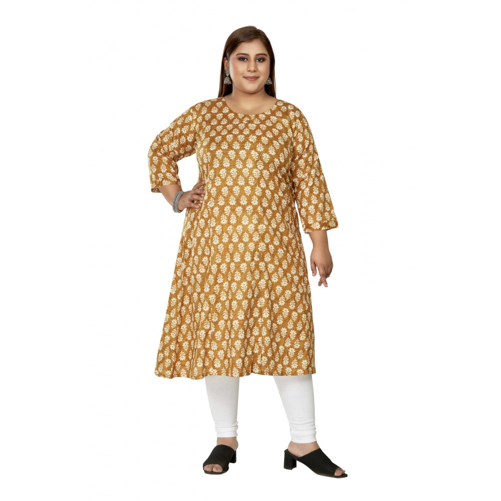 Generic Women's Casual 3/4th Sleeve Printed Pure Cotton Prince Cut A-Line Kurti (Mustard)