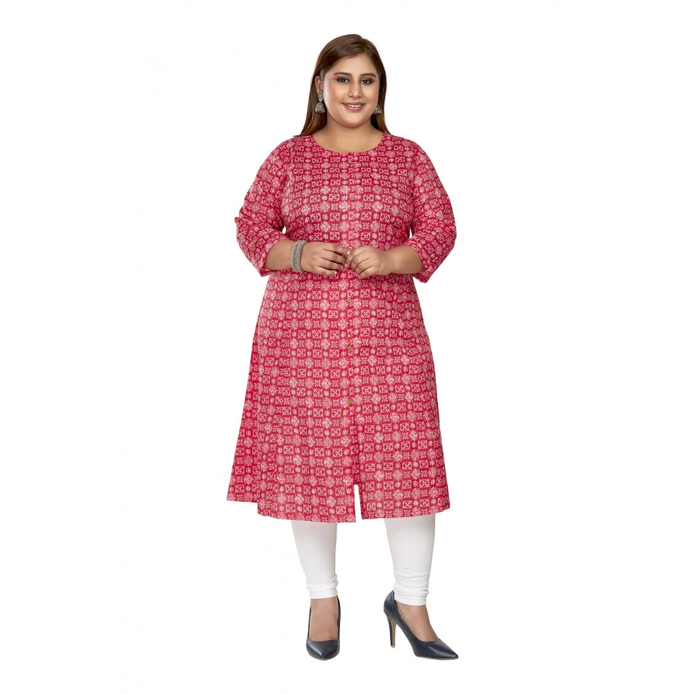 Generic Women's Casual 3/4th Sleeve Regular Printed Pure Cotton Prince Cut A-Line Kurti (Pink)