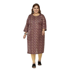 Generisches Damen-Kurti mit 3/4-Ärmeln und goldenem Foliendruck, gerade geschnittenes Kapsel-Baumwoll-Kurti (Kastanienbraun)