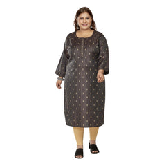 Generic Women's Casual 3/4th Sleeve Golden Embroidered Cotton Mix Straight Kurti (Dark Grey)