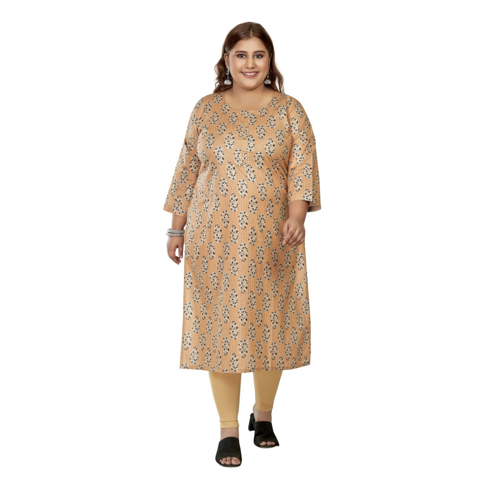 Generic Women's Casual 3/4th Sleeve Golden Foil Printed Pure Cotton Straight Kurti (Light Orange)