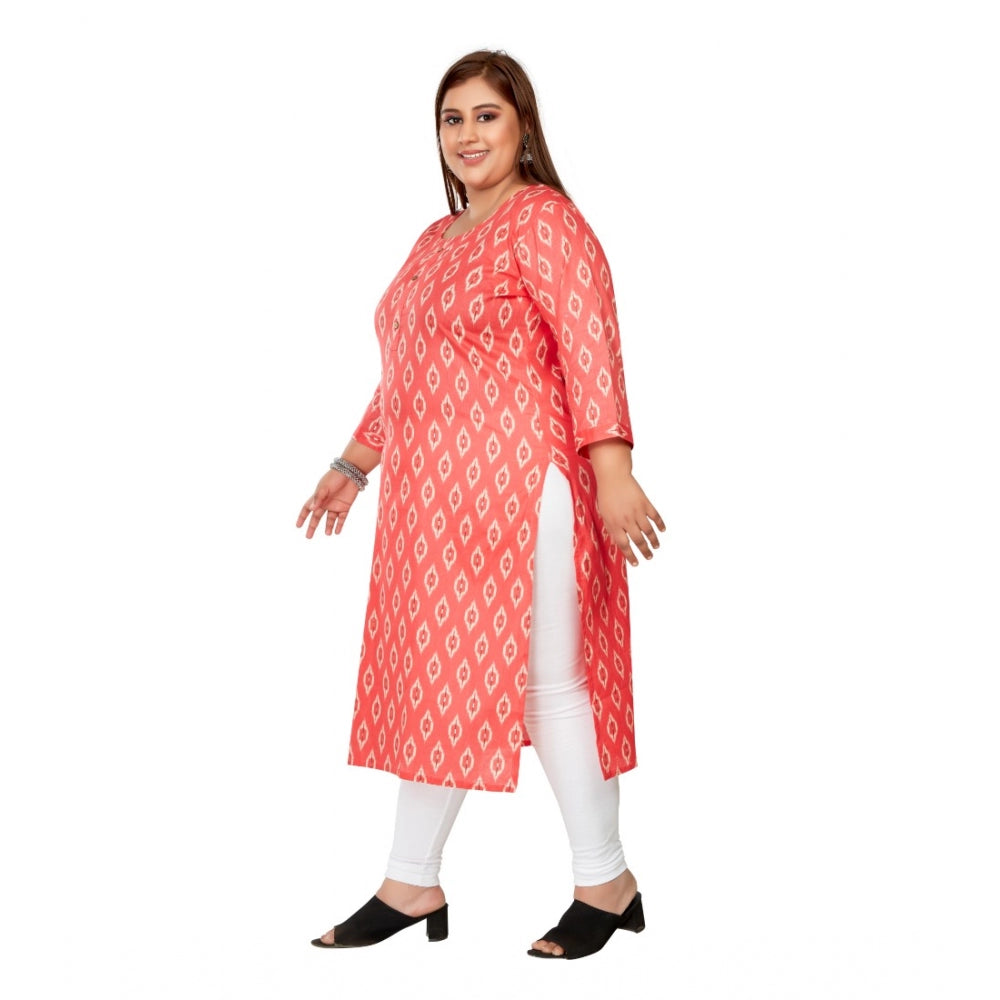 Generic Women's Casual 3/4th Sleeve Ikkat Printed Pure Cotton Straight Kurti (Pink)