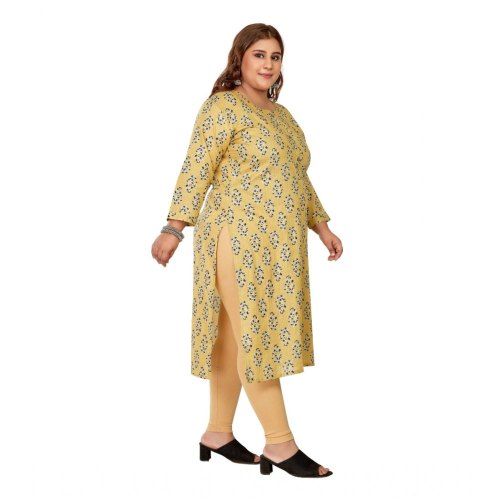 Generic Women's Casual 3/4th Sleeve Golden Foil Printed Pure Cotton Straight Kurti (Light Yellow)