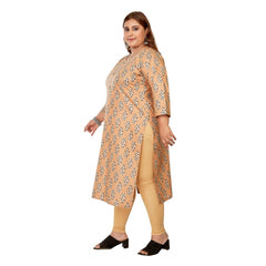 Generic Women's Casual 3/4th Sleeve Golden Foil Printed Pure Cotton Straight Kurti (Light Orange)