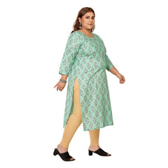 Generic Women's Casual 3/4th Sleeve Golden Foil Printed Pure Cotton Straight Kurti (Pista Green)