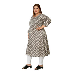 Generic Women's Casual 3/4th Sleeve Printed Pure Cotton Prince Cut A-Line Kurti (Grey)