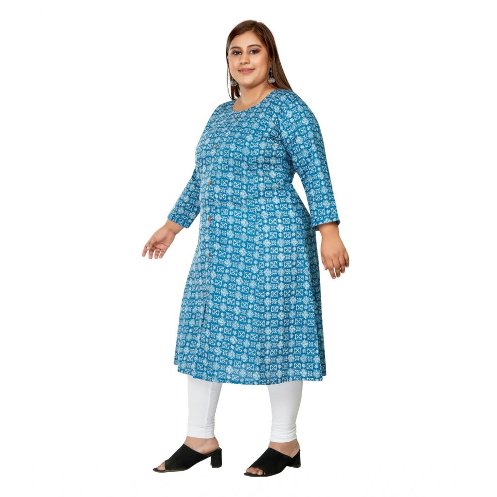 Generic Women's Casual 3/4th Sleeve Regular Printed Pure Cotton Prince Cut A-Line Kurti (Blue)