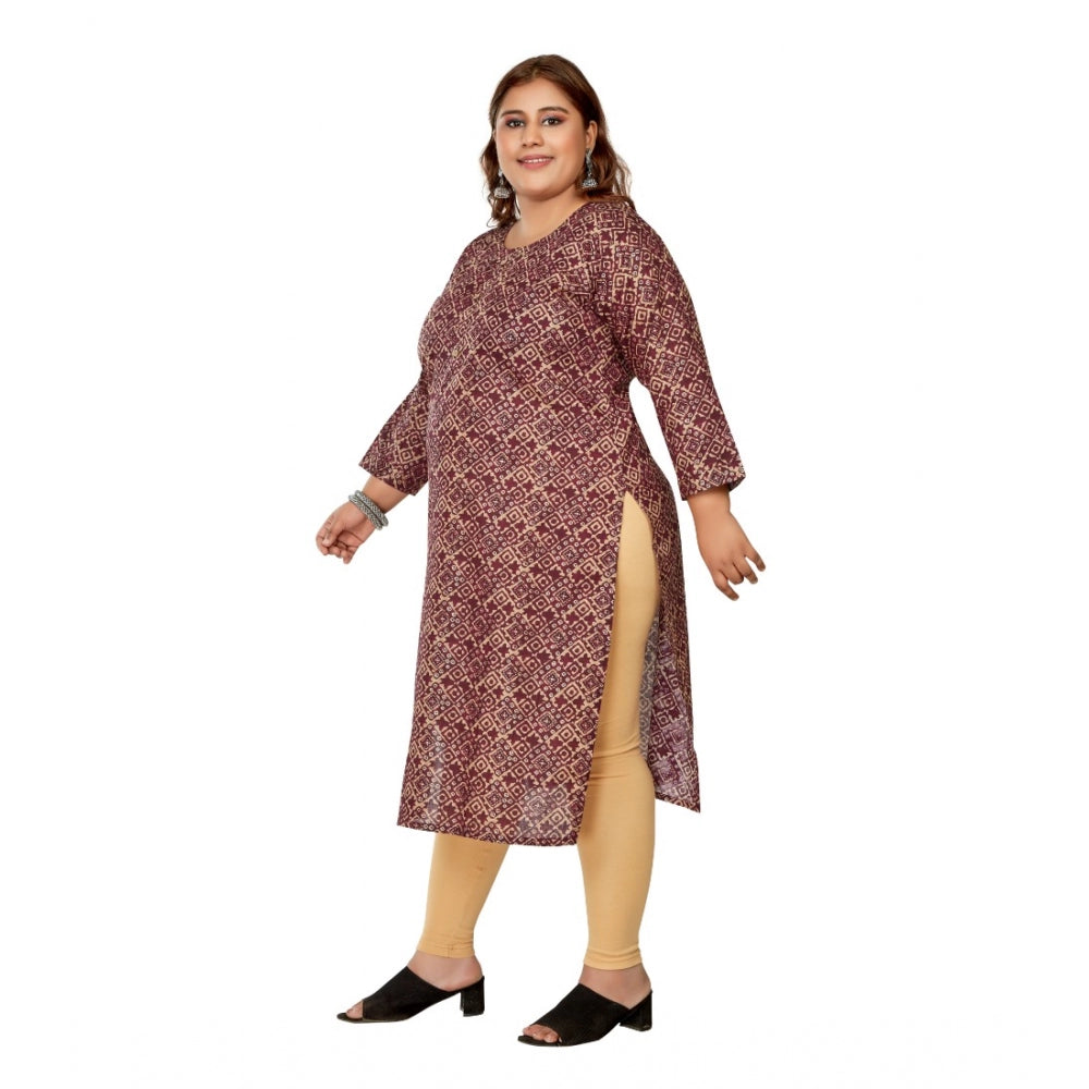 Generic Women's Casual 3/4th Sleeve Golden Foil Printed Capsule Cotton Straight Kurti (Maroon)