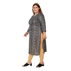 Generic Women's Casual 3/4th Sleeve Golden Foil Printed Capsule Cotton Straight Kurti (Navy Blue)