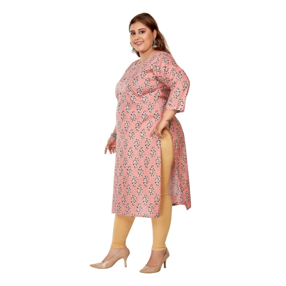 Generic Women's Casual 3/4th Sleeve Golden Foil Printed Pure Cotton Straight Kurti (Corel Pink)