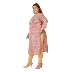 Generic Women's Casual 3/4th Sleeve Golden Foil Printed Pure Cotton Straight Kurti (Coral Pink)