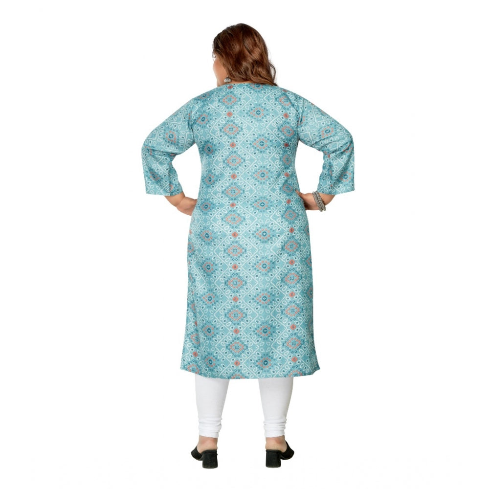 Generic Women's Casual 3/4th Sleeve Golden Foil Printed Rayon Straight Kurti (Blue)