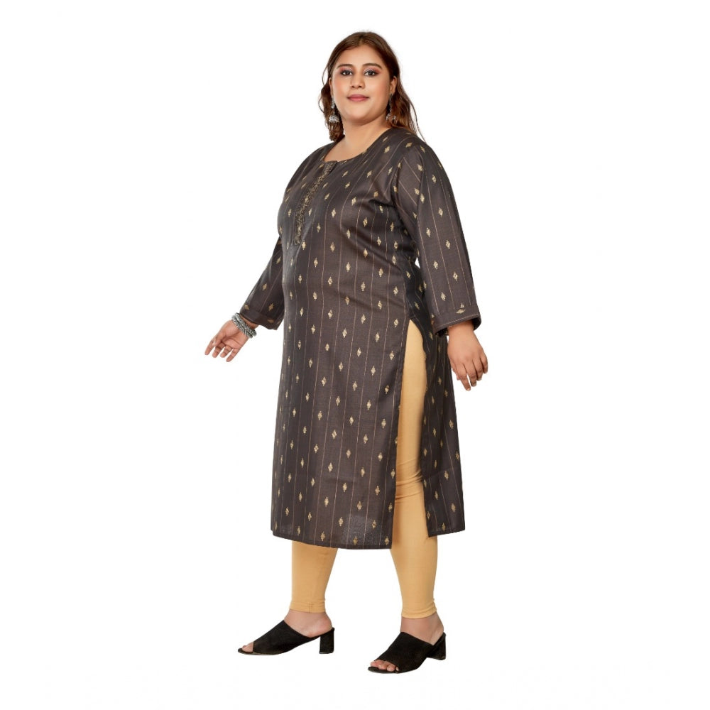 Generic Women's Casual 3/4th Sleeve Golden Embroided Cotton Mix Straight Kurti (Dark Grey)