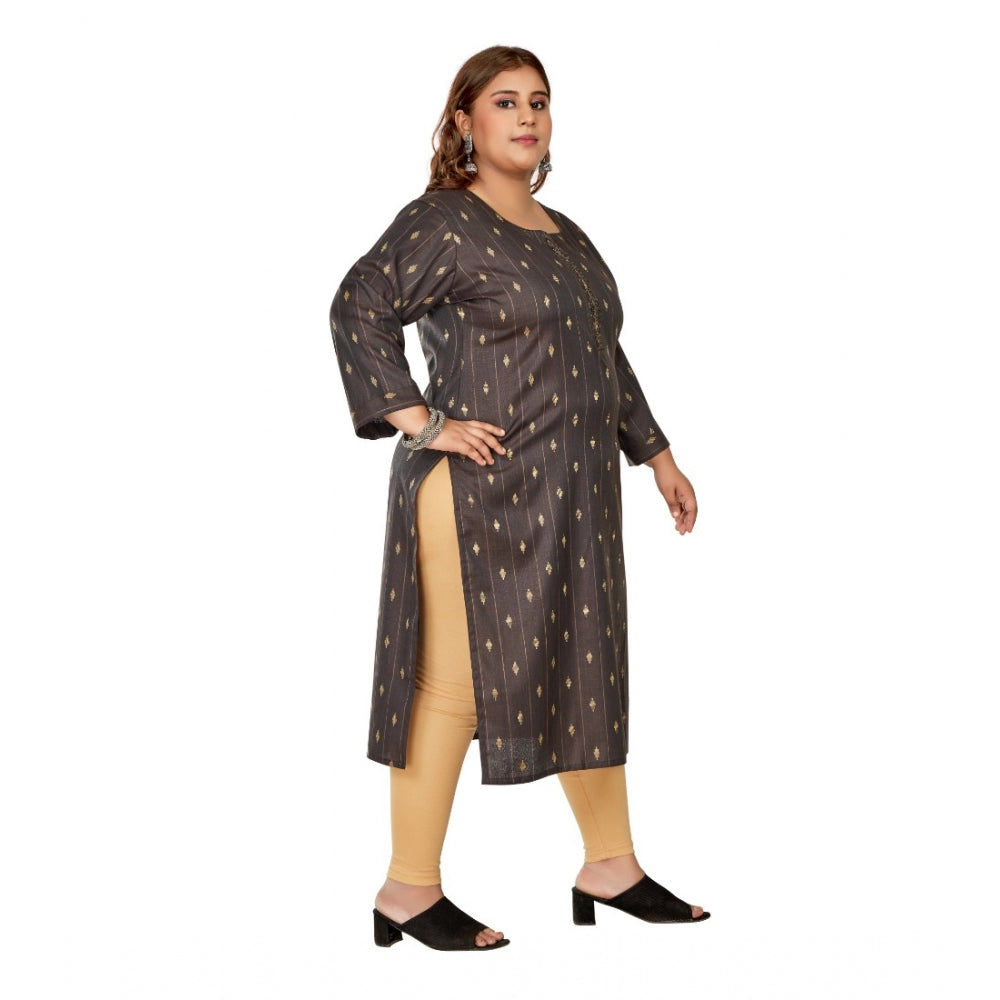 Generic Women's Casual 3/4th Sleeve Golden Embroided Cotton Mix Straight Kurti (Dark Grey)