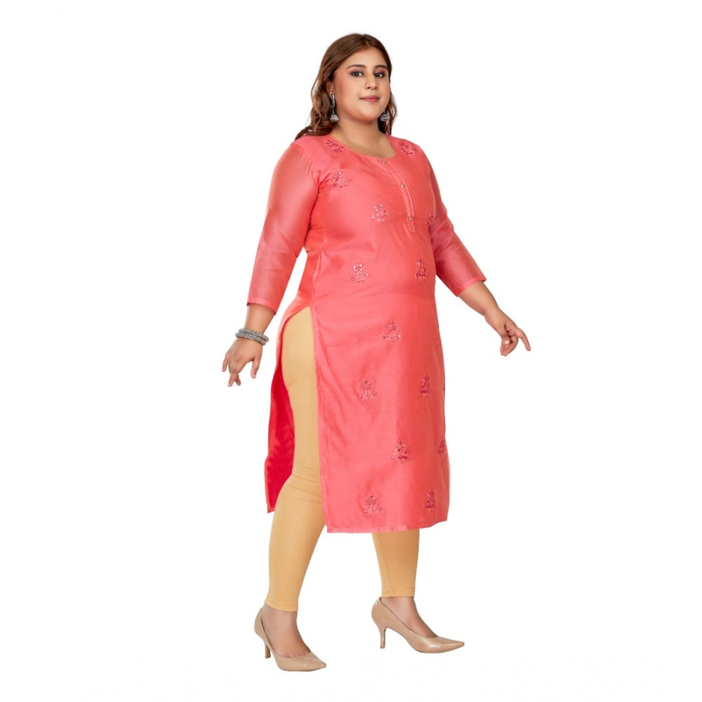 Generic Women's Casual 3/4th Sleeve Mirror Embroided Rayon Straight Kurti (Pink)