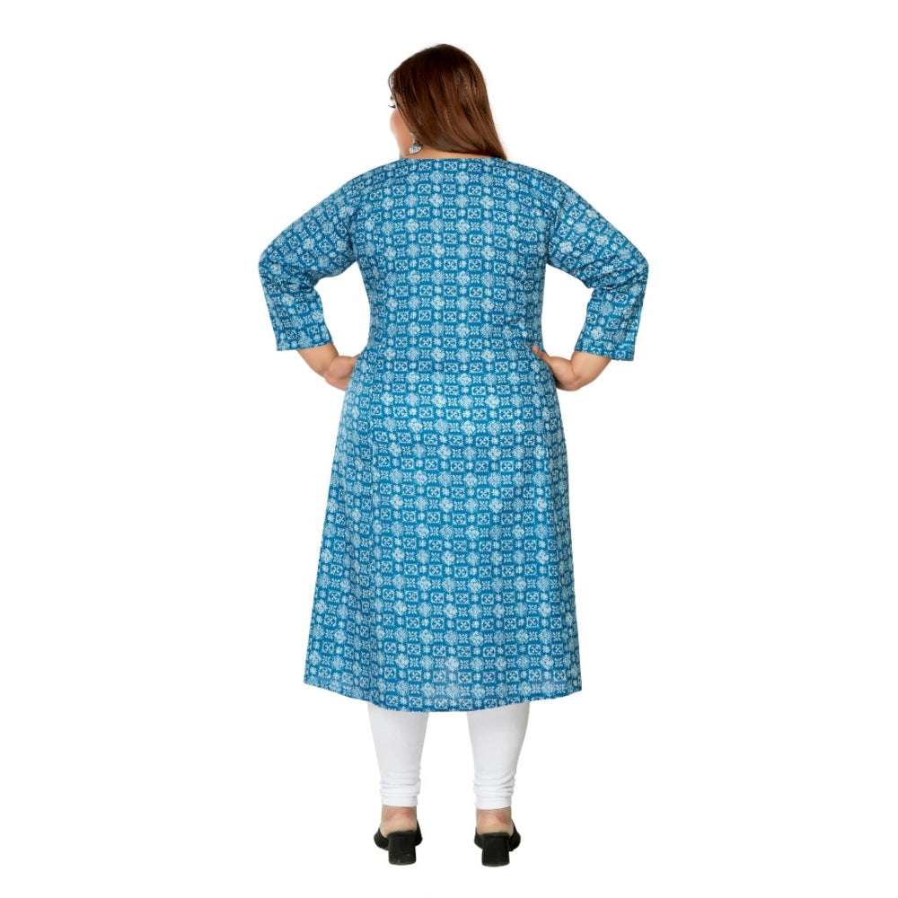 Generic Women's Casual 3/4th Sleeve Regular Printed Pure Cotton Prince Cut A-Line Kurti (Blue)