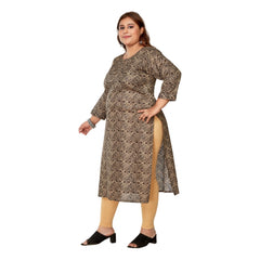 Generic Women's Casual 3/4th Sleeve Golden Foil Printed Capsule Cotton Straight Kurti (Brown)