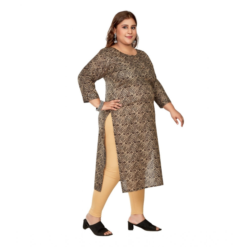 Generic Women's Casual 3/4th Sleeve Golden Foil Printed Capsule Cotton Straight Kurti (Brown)