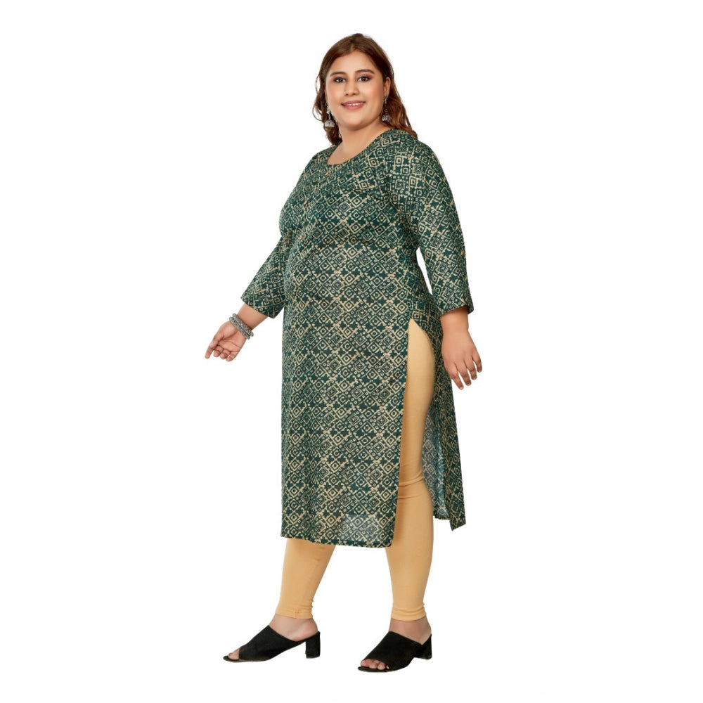 Generic Women's Casual 3/4th Sleeve Golden Foil Printed Capsule Cotton Straight Kurti (Dark Green)