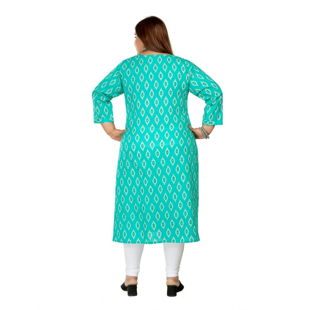 Generic Women's Casual 3/4th Sleeve Ikkat Printed Pure Cotton Straight Kurti (Turquoise)