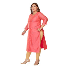 Generic Women's Casual 3/4th Sleeve Mirror Embroided Rayon Straight Kurti (Pink)