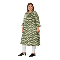 Generic Women's Casual 3/4th Sleeve Printed Pure Cotton Prince Cut A-Line Kurti (Green)