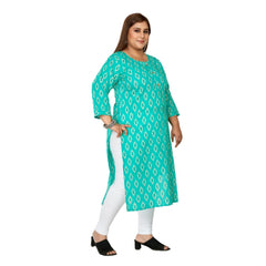 Generic Women's Casual 3/4th Sleeve Ikkat Printed Pure Cotton Straight Kurti (Turquoise)