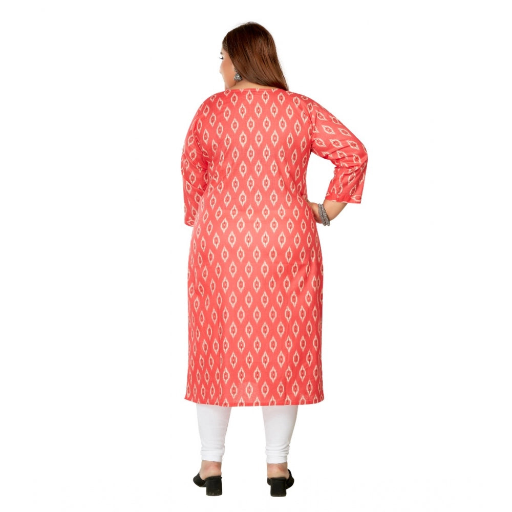 Generic Women's Casual 3/4th Sleeve Ikkat Printed Pure Cotton Straight Kurti (Pink)