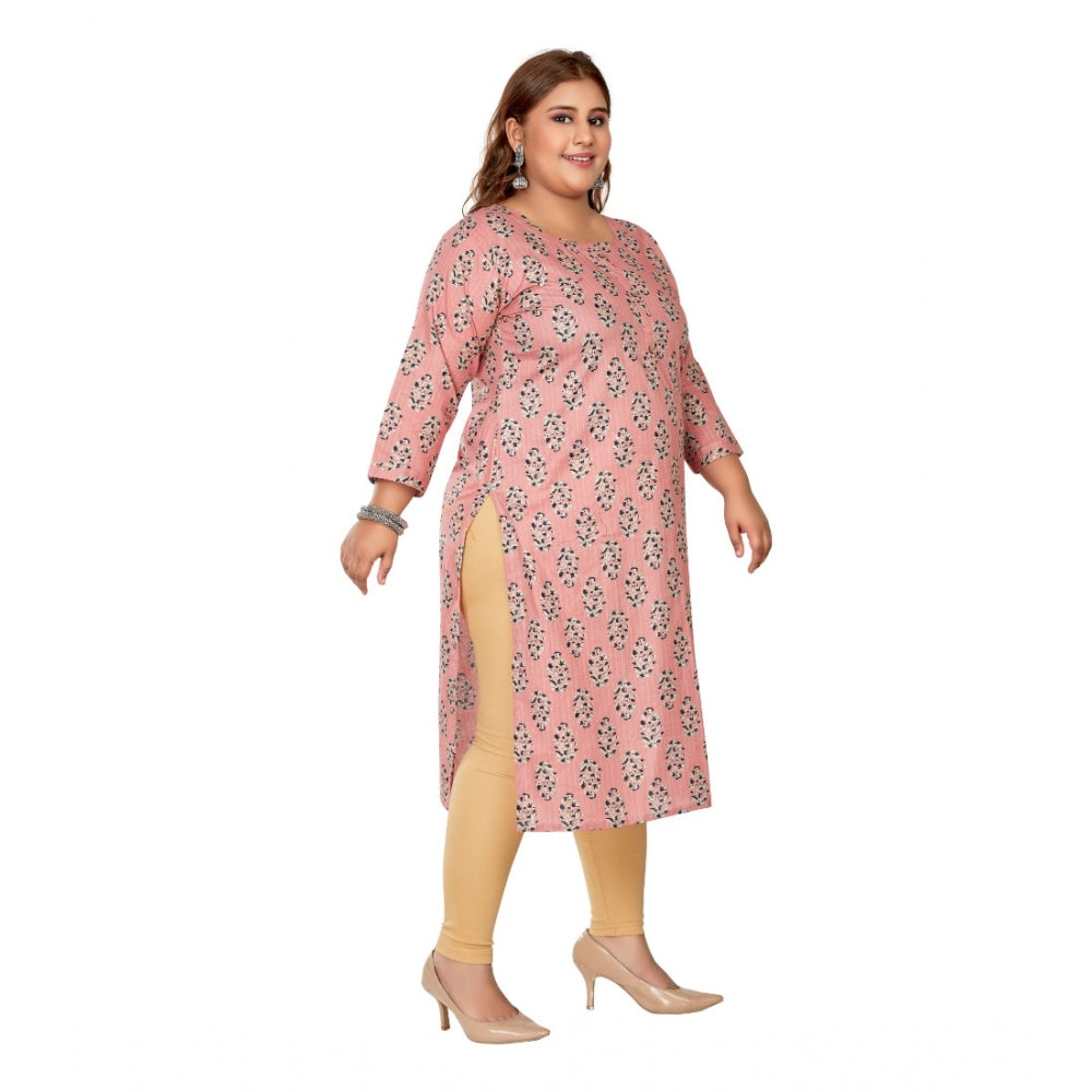 Generic Women's Casual 3/4th Sleeve Golden Foil Printed Pure Cotton Straight Kurti (Corel Pink)