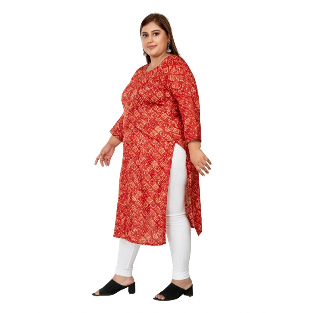 Generic Women's Casual 3/4th Sleeve Golden Foil Printed Capsule Cotton Straight Kurti (Red)