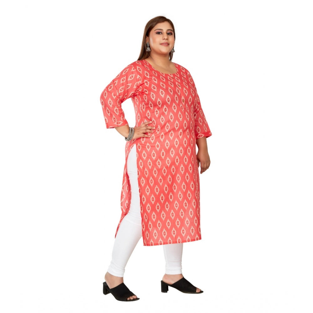 Generic Women's Casual 3/4th Sleeve Ikkat Printed Pure Cotton Straight Kurti (Pink)