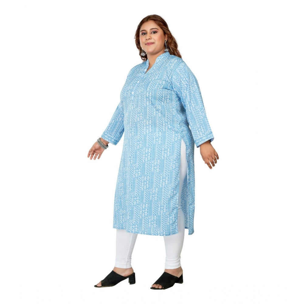 Generic Women's Casual 3/4th Sleeve Full printed Imported Synthetic Straight Kurti (Blue)