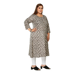 Generic Women's Casual 3/4th Sleeve Printed Pure Cotton Prince Cut A-Line Kurti (Grey)