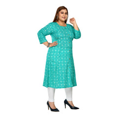 Generic Women's Casual 3/4th Sleeve Regular Printed Pure Cotton Prince Cut A-Line Kurti (Turquoise)