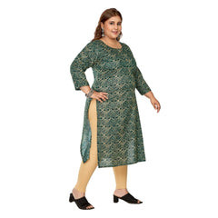 Generic Women's Casual 3/4th Sleeve Golden Foil Printed Capsule Cotton Straight Kurti (Dark Green)