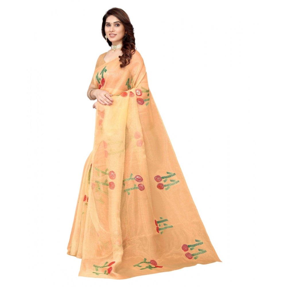 Generic Women's Organza Floral Pattern Sarees (Orange, 5-6 Mtrs)