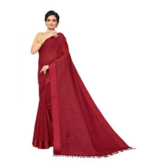 Generic Women's Cotton Blend Stripe Pattern Sarees (Maroon, 5-6 Mtrs)