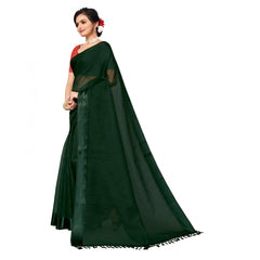 Generic Women's Cotton Blend Stripe Pattern Sarees (Green, 5-6 Mtrs)