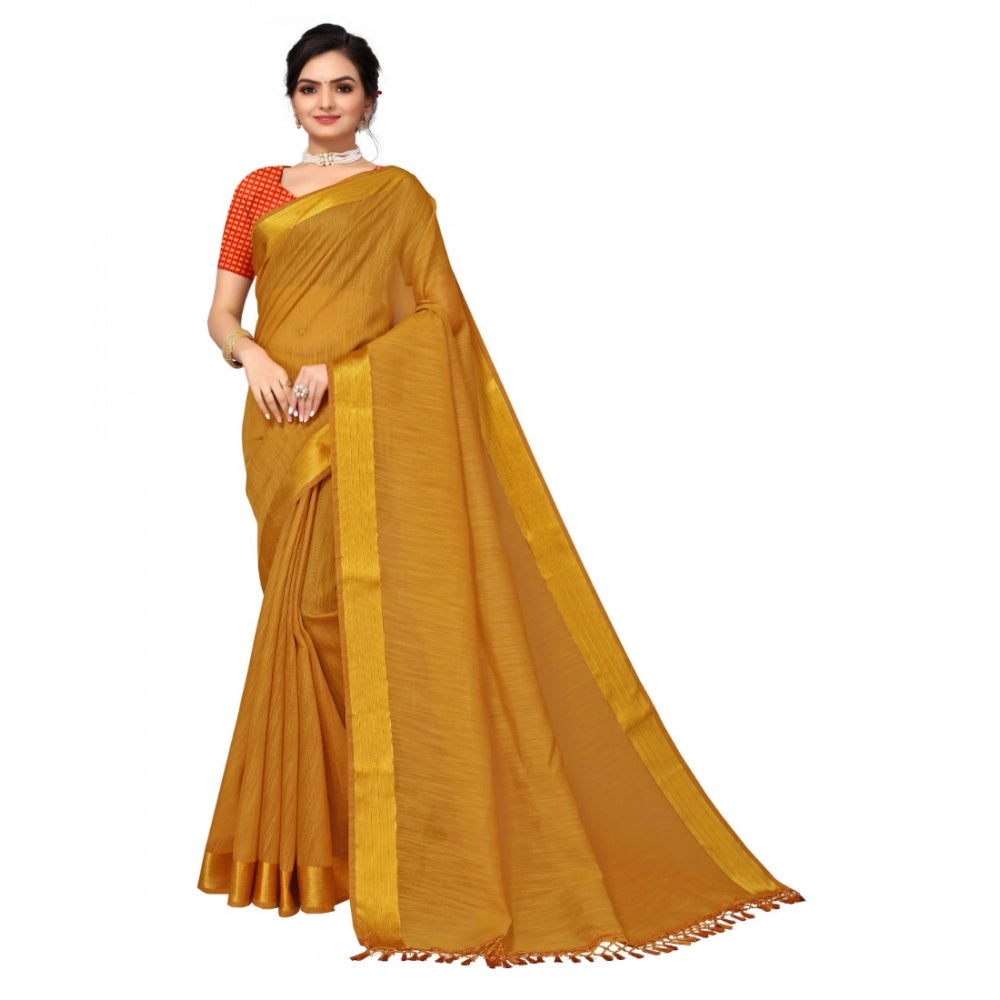 Generic Women's Cotton Blend Stripe Pattern Sarees (Mustard, 5-6 Mtrs)