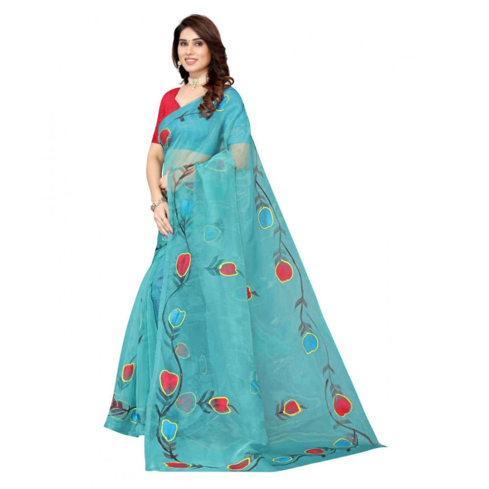 Generic Women's Organza Floral Pattern Sarees (Rama, 5-6 Mtrs)